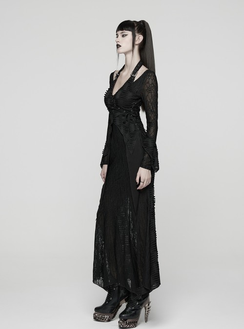 Black Ragged Stretch Knit Textured Mesh Fake Two-Piece Design Fish-Tail Hemline Halter V Neck Long Sleeves Punk Style Long Dress