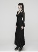 Black Ragged Stretch Knit Textured Mesh Fake Two-Piece Design Fish-Tail Hemline Halter V Neck Long Sleeves Punk Style Long Dress