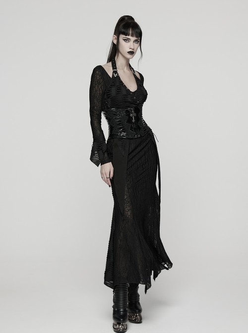 Black Ragged Stretch Knit Textured Mesh Fake Two-Piece Design Fish-Tail Hemline Halter V Neck Long Sleeves Punk Style Long Dress
