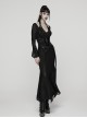 Black Ragged Stretch Knit Textured Mesh Fake Two-Piece Design Fish-Tail Hemline Halter V Neck Long Sleeves Punk Style Long Dress