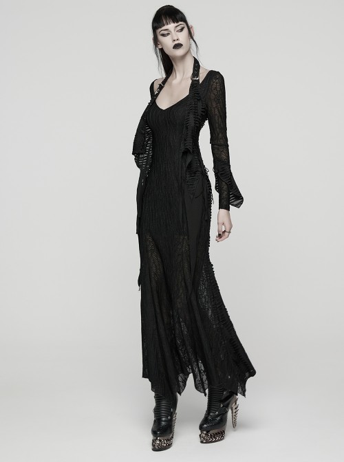 Black Ragged Stretch Knit Textured Mesh Fake Two-Piece Design Fish-Tail Hemline Halter V Neck Long Sleeves Punk Style Long Dress