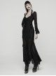 Black Ragged Stretch Knit Textured Mesh Fake Two-Piece Design Fish-Tail Hemline Halter V Neck Long Sleeves Punk Style Long Dress