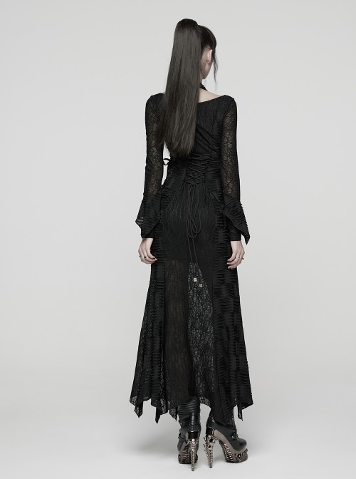 Black Ragged Stretch Knit Textured Mesh Fake Two-Piece Design Fish-Tail Hemline Halter V Neck Long Sleeves Punk Style Long Dress