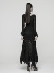 Black Ragged Stretch Knit Textured Mesh Fake Two-Piece Design Fish-Tail Hemline Halter V Neck Long Sleeves Punk Style Long Dress