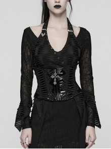 Black Shiny Patent Leather Sides Symmetrical Lace Cross Bat Pendant Zipper Gothic Style Corset