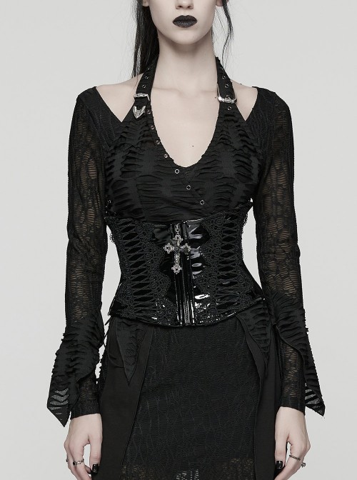 Black Shiny Patent Leather Sides Symmetrical Lace Cross Bat Pendant Zipper Gothic Style Corset