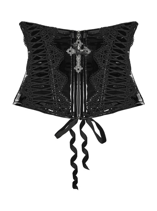 Black Shiny Patent Leather Sides Symmetrical Lace Cross Bat Pendant Zipper Gothic Style Corset