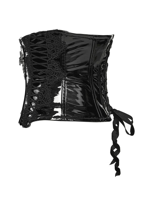 Black Shiny Patent Leather Sides Symmetrical Lace Cross Bat Pendant Zipper Gothic Style Corset