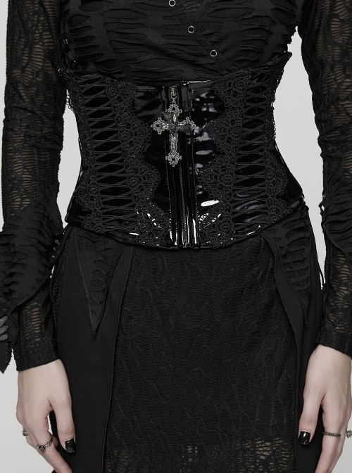 Black Shiny Patent Leather Sides Symmetrical Lace Cross Bat Pendant Zipper Gothic Style Corset