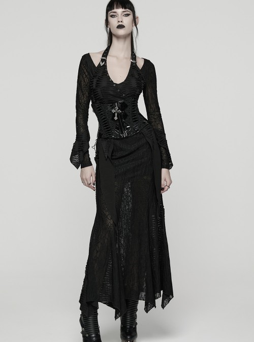 Black Shiny Patent Leather Sides Symmetrical Lace Cross Bat Pendant Zipper Gothic Style Corset