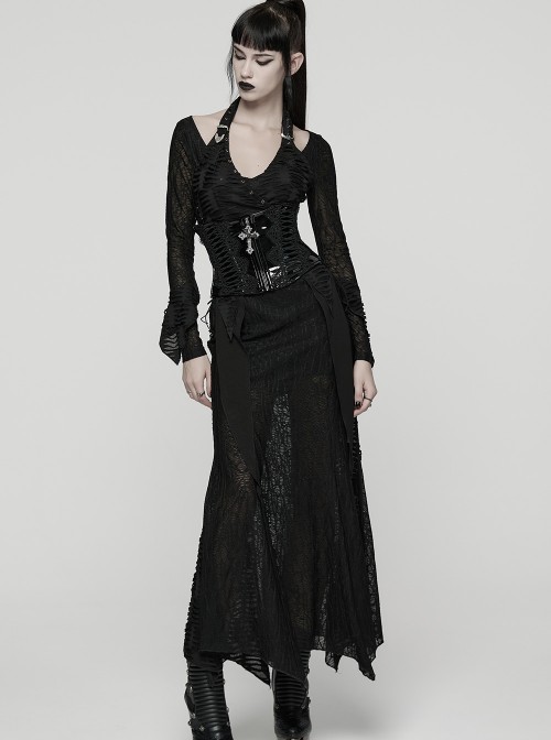 Black Shiny Patent Leather Sides Symmetrical Lace Cross Bat Pendant Zipper Gothic Style Corset