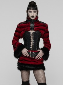 Red Ultra-Soft Artificial Fur Striped Texture Windproof Stand Collar Loose Long Sleeves Black Fur Trims Cuff Punk Style Super Short Coat