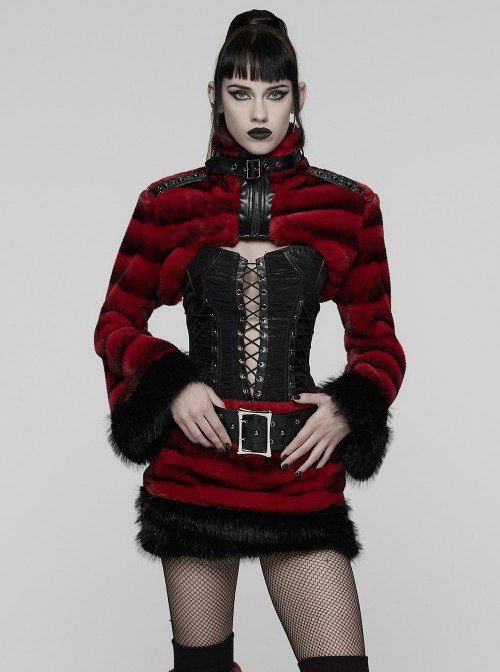 Red Ultra-Soft Artificial Fur Striped Texture Windproof Stand Collar Loose Long Sleeves Black Fur Trims Cuff Punk Style Super Short Coat