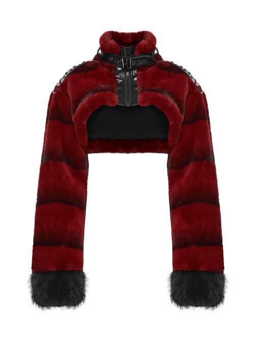 Red Ultra-Soft Artificial Fur Striped Texture Windproof Stand Collar Loose Long Sleeves Black Fur Trims Cuff Punk Style Super Short Coat