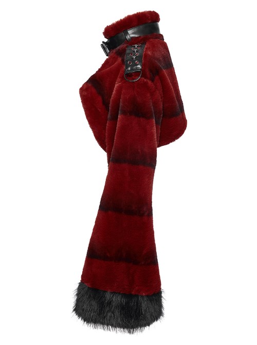 Red Ultra-Soft Artificial Fur Striped Texture Windproof Stand Collar Loose Long Sleeves Black Fur Trims Cuff Punk Style Super Short Coat