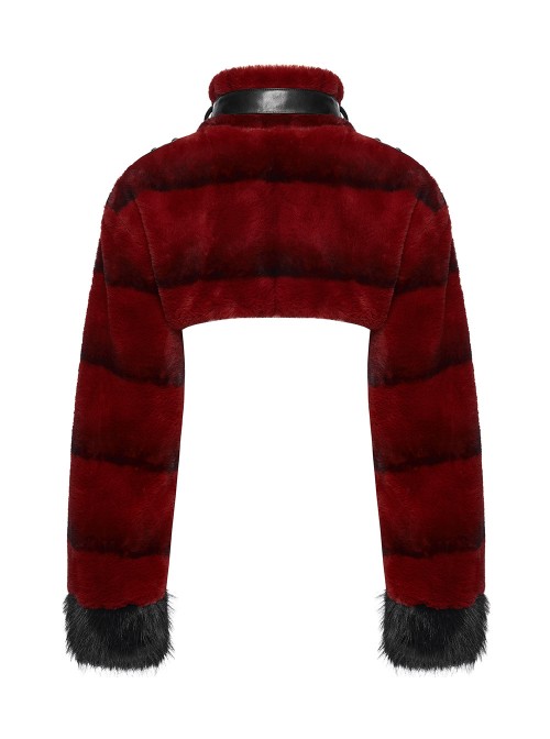 Red Ultra-Soft Artificial Fur Striped Texture Windproof Stand Collar Loose Long Sleeves Black Fur Trims Cuff Punk Style Super Short Coat