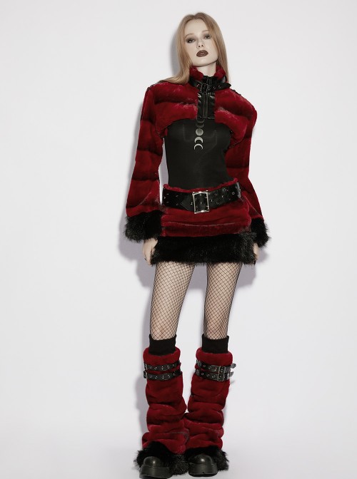 Red Ultra-Soft Artificial Fur Striped Texture Windproof Stand Collar Loose Long Sleeves Black Fur Trims Cuff Punk Style Super Short Coat