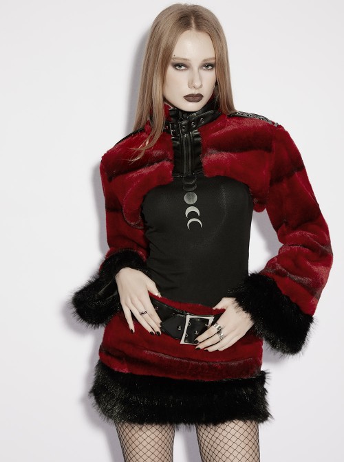 Red Ultra-Soft Artificial Fur Striped Texture Windproof Stand Collar Loose Long Sleeves Black Fur Trims Cuff Punk Style Super Short Coat