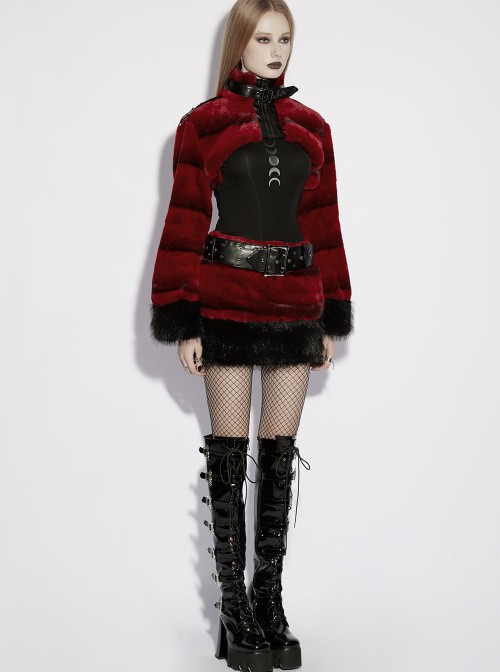 Red Ultra-Soft Artificial Fur Striped Texture Windproof Stand Collar Loose Long Sleeves Black Fur Trims Cuff Punk Style Super Short Coat