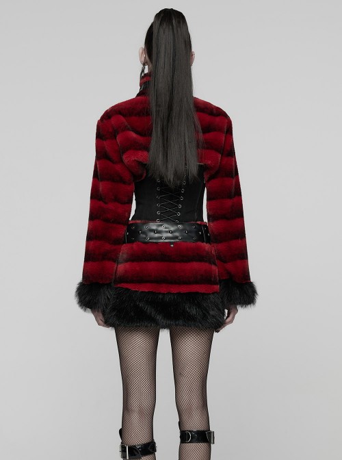Red Ultra-Soft Artificial Fur Striped Texture Windproof Stand Collar Loose Long Sleeves Black Fur Trims Cuff Punk Style Super Short Coat