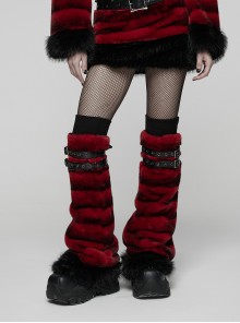 Red Ultra-Soft Artificial Fur Striped Texture Double Loops Design Fur Black Trims Hem Punk Style Leg Warmers