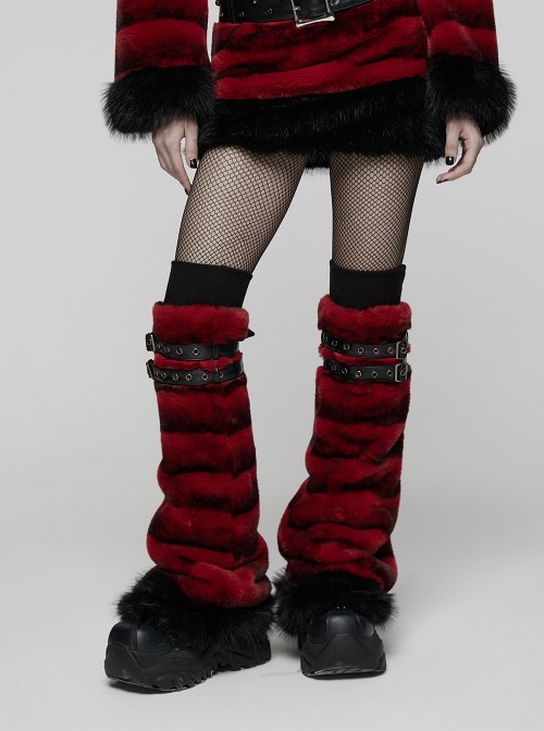Red Ultra-Soft Artificial Fur Striped Texture Double Loops Design Fur Black Trims Hem Punk Style Leg Warmers