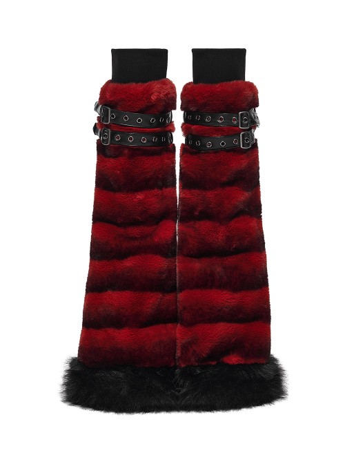 Red Ultra-Soft Artificial Fur Striped Texture Double Loops Design Fur Black Trims Hem Punk Style Leg Warmers