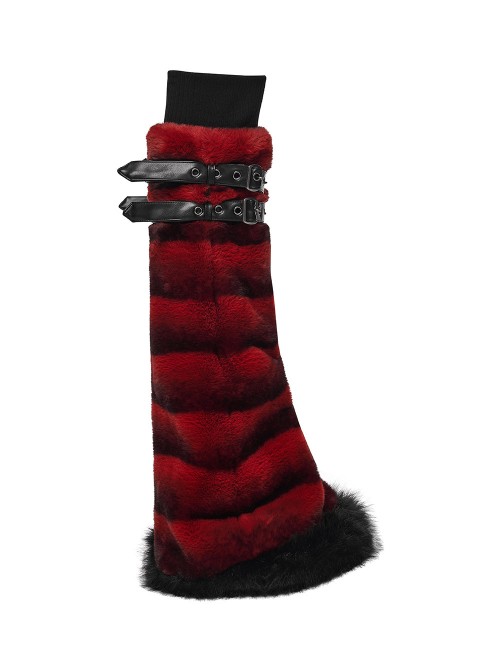 Red Ultra-Soft Artificial Fur Striped Texture Double Loops Design Fur Black Trims Hem Punk Style Leg Warmers