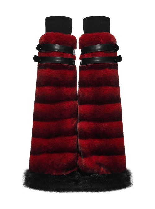Red Ultra-Soft Artificial Fur Striped Texture Double Loops Design Fur Black Trims Hem Punk Style Leg Warmers