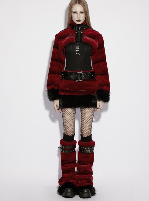 Red Ultra-Soft Artificial Fur Striped Texture Double Loops Design Fur Black Trims Hem Punk Style Leg Warmers
