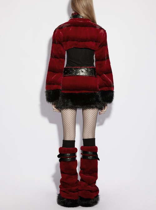 Red Ultra-Soft Artificial Fur Striped Texture Double Loops Design Fur Black Trims Hem Punk Style Leg Warmers
