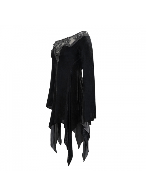 Off-Shoulder Positioning Flower Lace Embroidery Long Sleeve Black Gothic Dense Velvet Dress