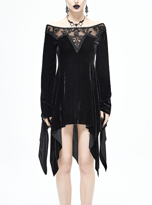 Off-Shoulder Positioning Flower Lace Embroidery Long Sleeve Black Gothic Dense Velvet Dress