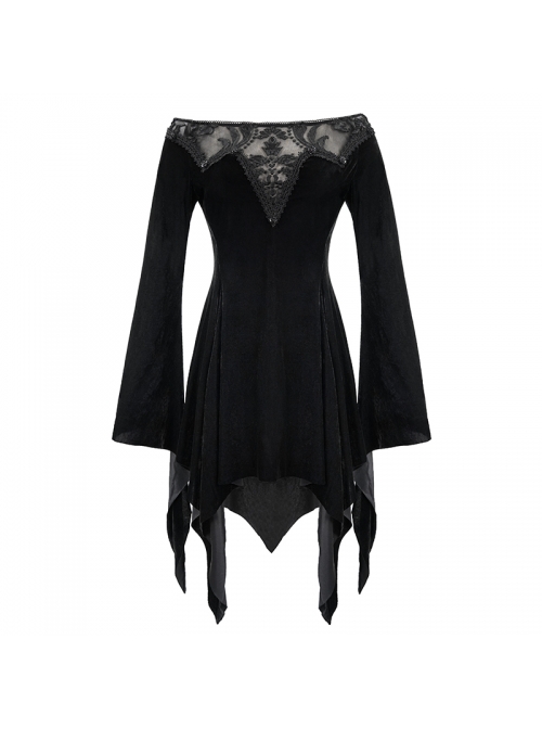 Off-Shoulder Positioning Flower Lace Embroidery Long Sleeve Black Gothic Dense Velvet Dress