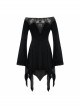 Off-Shoulder Positioning Flower Lace Embroidery Long Sleeve Black Gothic Dense Velvet Dress