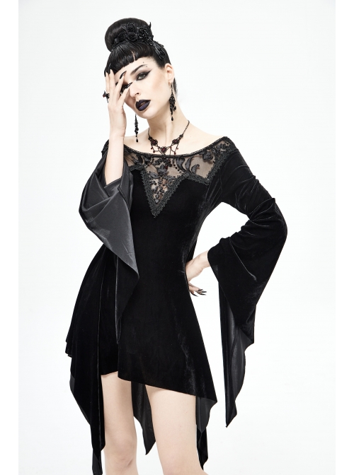 Off-Shoulder Positioning Flower Lace Embroidery Long Sleeve Black Gothic Dense Velvet Dress