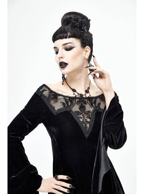 Off-Shoulder Positioning Flower Lace Embroidery Long Sleeve Black Gothic Dense Velvet Dress