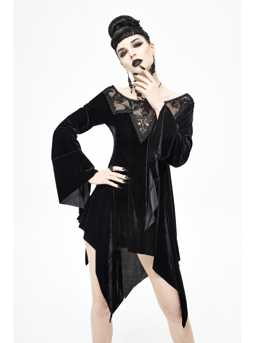 Off-Shoulder Positioning Flower Lace Embroidery Long Sleeve Black Gothic Dense Velvet Dress