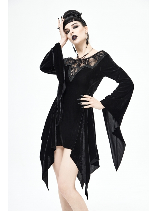 Off-Shoulder Positioning Flower Lace Embroidery Long Sleeve Black Gothic Dense Velvet Dress