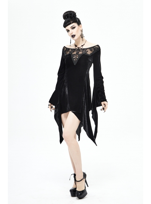 Off-Shoulder Positioning Flower Lace Embroidery Long Sleeve Black Gothic Dense Velvet Dress