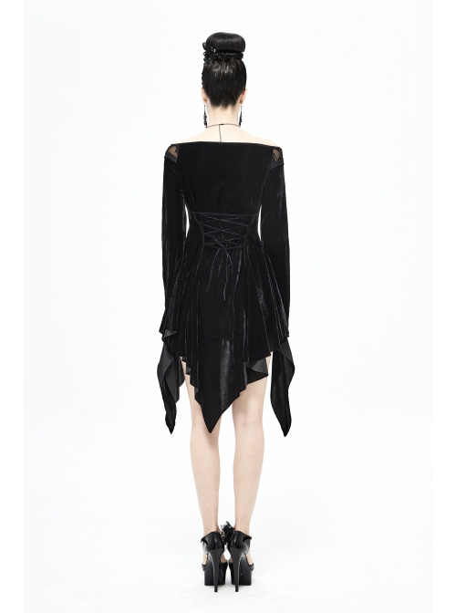 Off-Shoulder Positioning Flower Lace Embroidery Long Sleeve Black Gothic Dense Velvet Dress