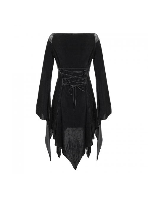 Off-Shoulder Positioning Flower Lace Embroidery Long Sleeve Black Gothic Dense Velvet Dress