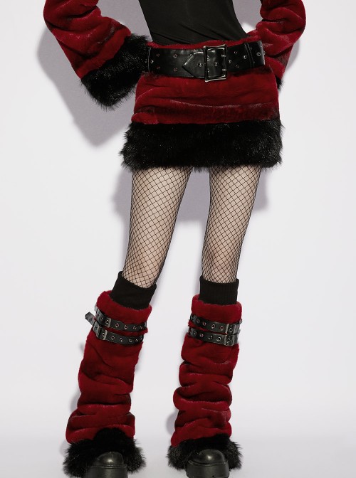 Red Ultra-Soft Artificial Fur Striped Fluffy Texture Black Fur Trims Hem Studded Belt Punk Style Skirt