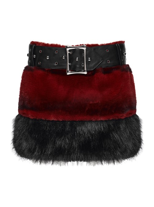 Red Ultra-Soft Artificial Fur Striped Fluffy Texture Black Fur Trims Hem Studded Belt Punk Style Skirt