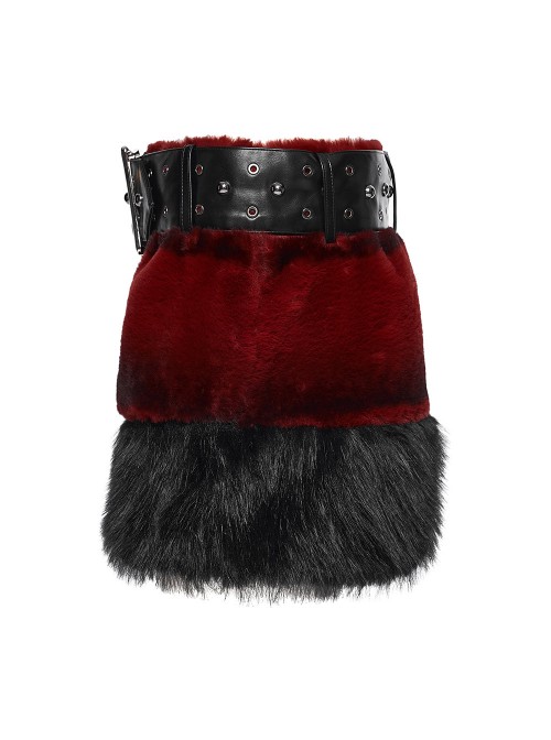 Red Ultra-Soft Artificial Fur Striped Fluffy Texture Black Fur Trims Hem Studded Belt Punk Style Skirt