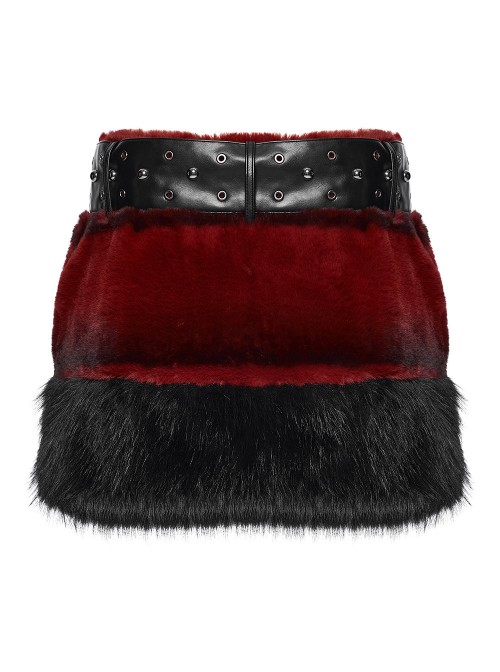 Red Ultra-Soft Artificial Fur Striped Fluffy Texture Black Fur Trims Hem Studded Belt Punk Style Skirt