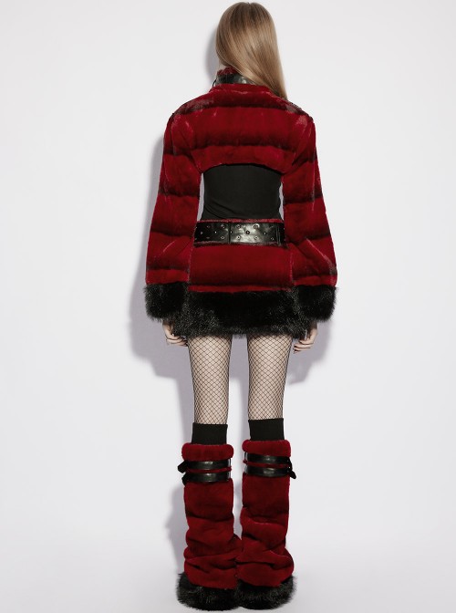 Red Ultra-Soft Artificial Fur Striped Fluffy Texture Black Fur Trims Hem Studded Belt Punk Style Skirt