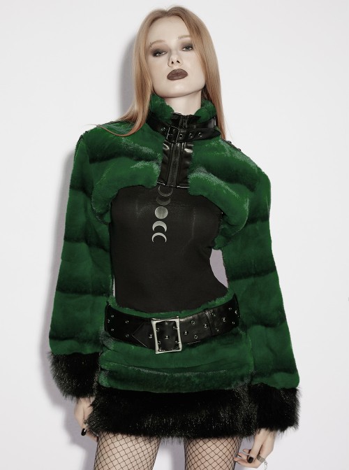 Green Ultra-Soft Artificial Fur Striped Texture Windproof Stand Collar Loose Long Sleeves Black Fur Trims Cuff Punk Style Super Short Coat