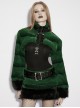 Green Ultra-Soft Artificial Fur Striped Texture Windproof Stand Collar Loose Long Sleeves Black Fur Trims Cuff Punk Style Super Short Coat