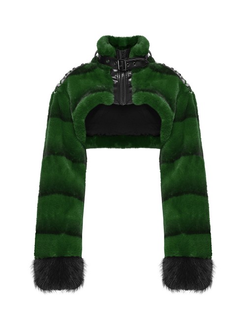 Green Ultra-Soft Artificial Fur Striped Texture Windproof Stand Collar Loose Long Sleeves Black Fur Trims Cuff Punk Style Super Short Coat